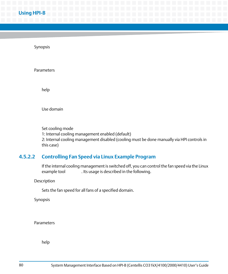 2 controlling fan speed via linux example program, Using hpi-b | Artesyn System Management Interface Based on HPI-B (Centellis CO 31kX-4100-2000-4410) (June 2014) User Manual | Page 80 / 114