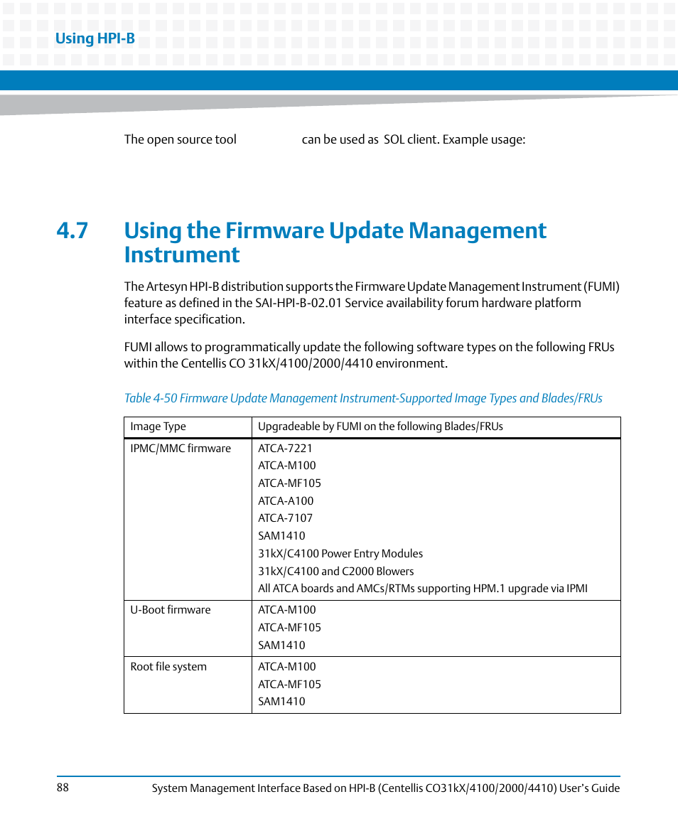 7 using the firmware update management instrument, Table 4-50 | Artesyn System Management Interface Based on HPI-B (Centellis CO 31kX-4100-2000-4410) (June 2014) User Manual | Page 88 / 114