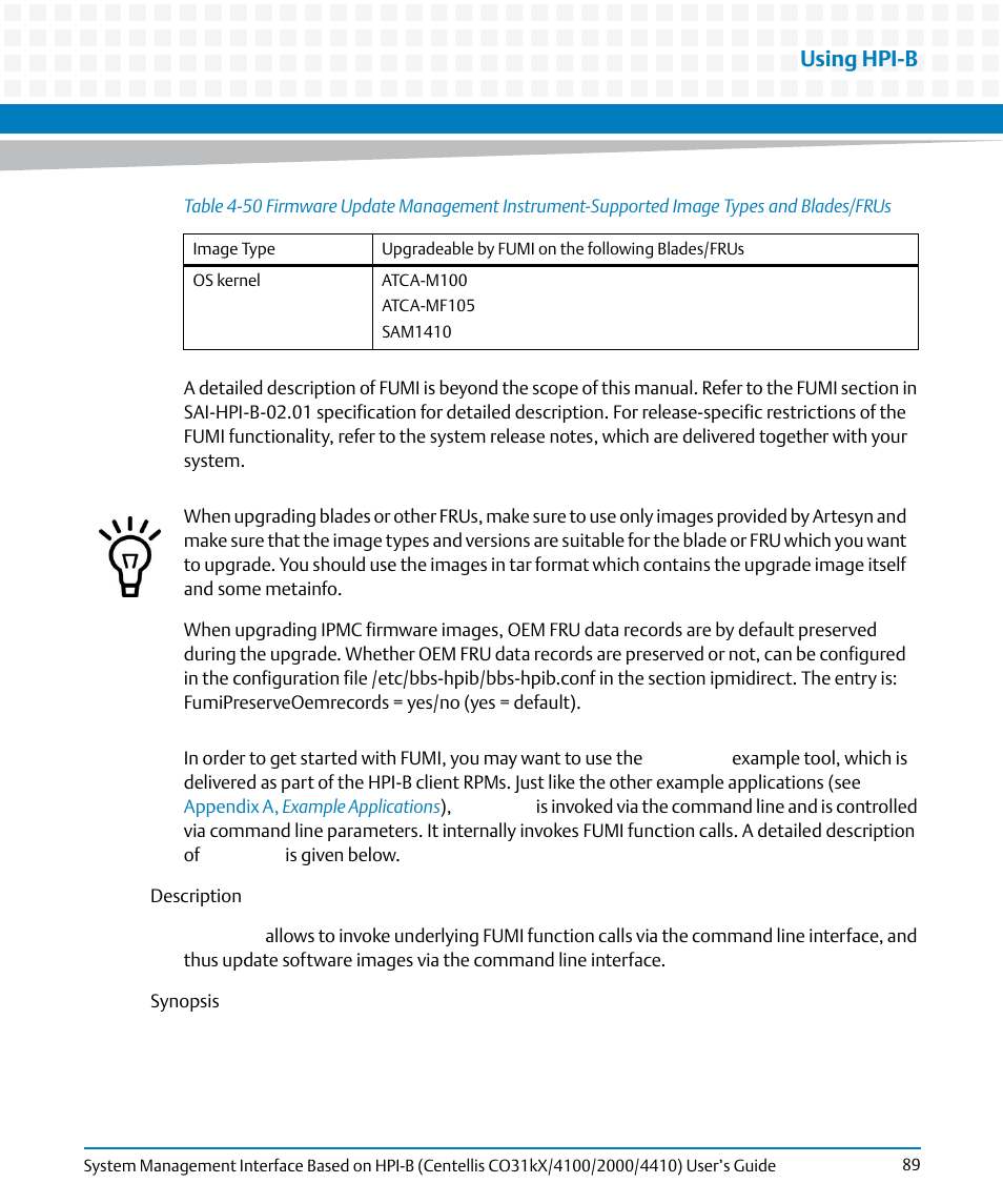 Using hpi-b | Artesyn System Management Interface Based on HPI-B (Centellis CO 31kX-4100-2000-4410) (June 2014) User Manual | Page 89 / 114