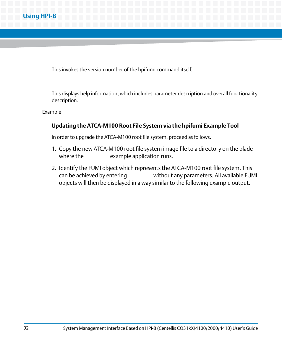 Using hpi-b | Artesyn System Management Interface Based on HPI-B (Centellis CO 31kX-4100-2000-4410) (June 2014) User Manual | Page 92 / 114