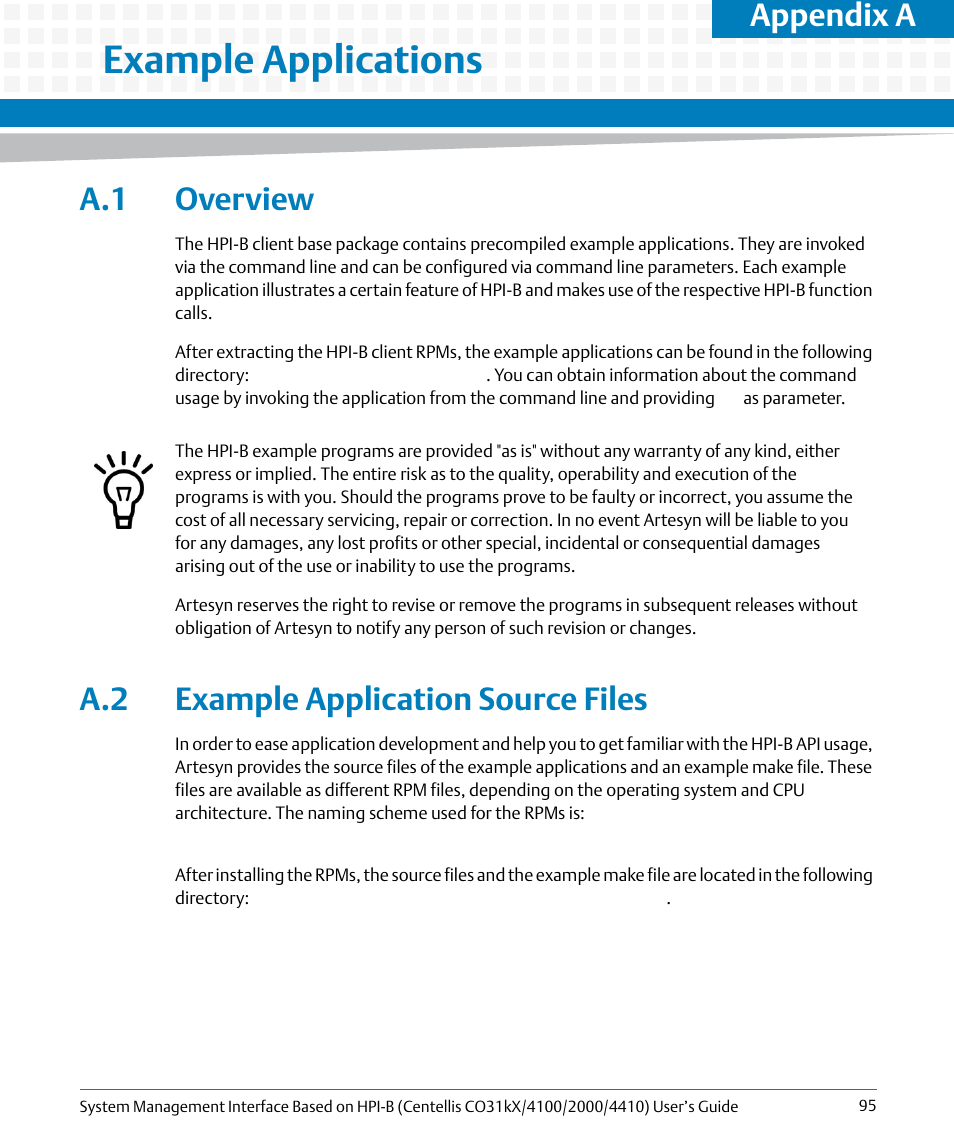 A example applications, A.1 overview, A.2 example application source files | A.1 overview a.2 example application source files, Appendix a, example, Example applications, Appendix a | Artesyn System Management Interface Based on HPI-B (Centellis CO 31kX-4100-2000-4410) (June 2014) User Manual | Page 95 / 114