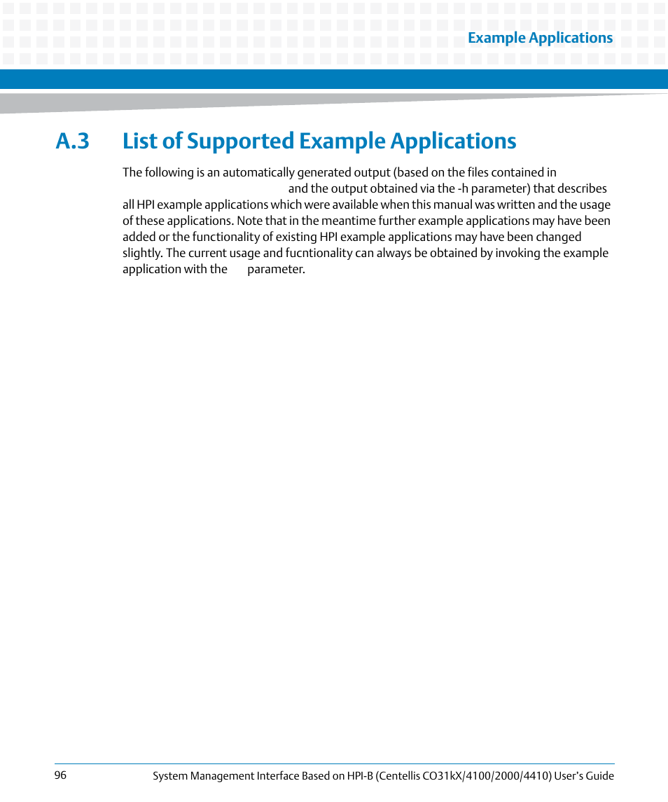 A.3 list of supported example applications, List of, Supported example applications | List of supported example applications, Example applications | Artesyn System Management Interface Based on HPI-B (Centellis CO 31kX-4100-2000-4410) (June 2014) User Manual | Page 96 / 114