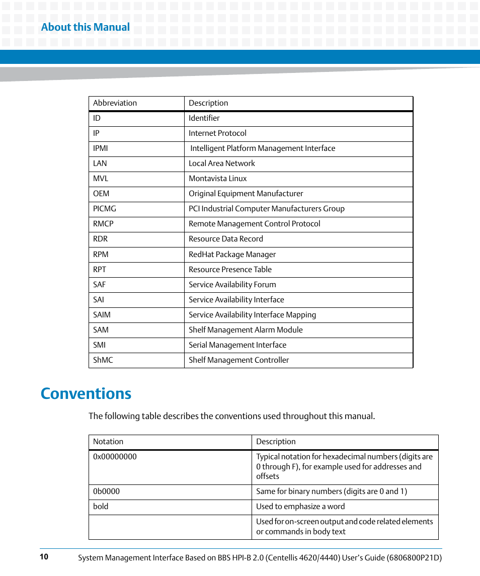 Conventions, About this manual | Artesyn System Management Interface Based on HPI-B 2.0(Centellis 4620/4440) User's Guide (June 2014) User Manual | Page 10 / 94