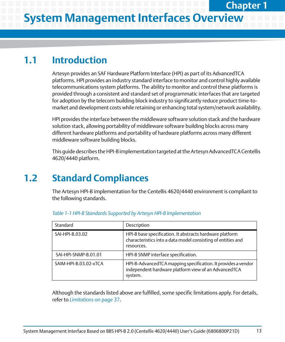 System management interfaces overview, 1 introduction, 2 standard compliances | 1 introduction 1.2 standard compliances, Table 1-1, Chapter 1 | Artesyn System Management Interface Based on HPI-B 2.0(Centellis 4620/4440) User's Guide (June 2014) User Manual | Page 13 / 94