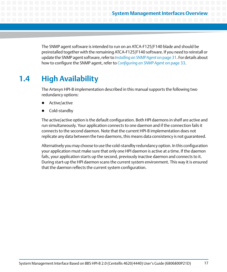 4 high availability | Artesyn System Management Interface Based on HPI-B 2.0(Centellis 4620/4440) User's Guide (June 2014) User Manual | Page 17 / 94