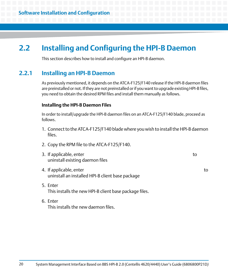 2 installing and configuring the hpi-b daemon, 1 installing an hpi-b daemon | Artesyn System Management Interface Based on HPI-B 2.0(Centellis 4620/4440) User's Guide (June 2014) User Manual | Page 20 / 94