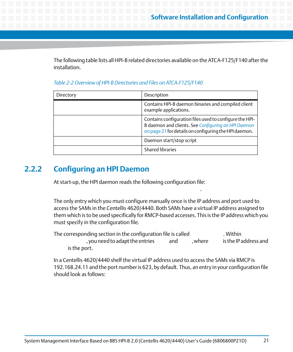 2 configuring an hpi daemon, Table 2-2, Software installation and configuration | Artesyn System Management Interface Based on HPI-B 2.0(Centellis 4620/4440) User's Guide (June 2014) User Manual | Page 21 / 94