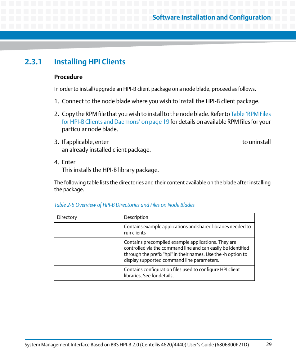 1 installing hpi clients, Table 2-5, Software installation and configuration | Artesyn System Management Interface Based on HPI-B 2.0(Centellis 4620/4440) User's Guide (June 2014) User Manual | Page 29 / 94
