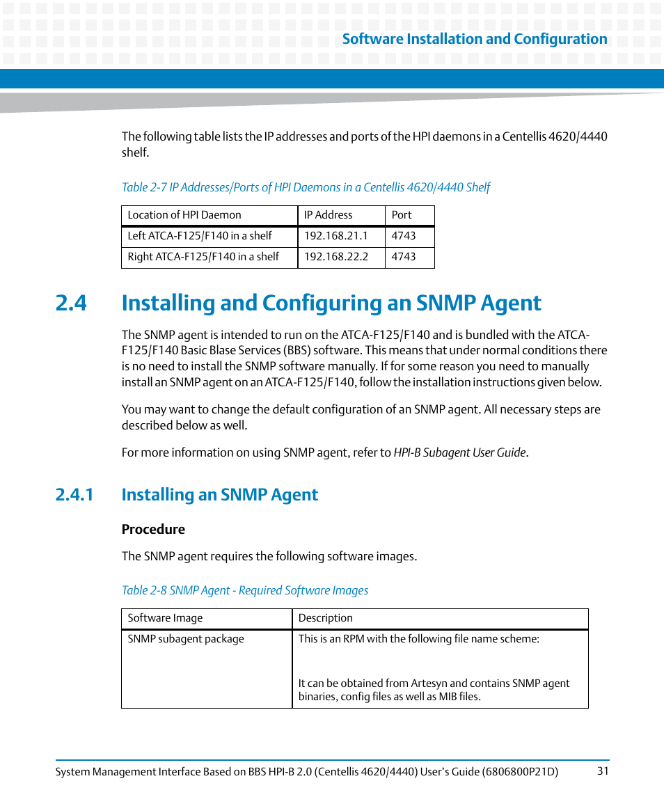 4 installing and configuring an snmp agent, 1 installing an snmp agent, Table 2-7 | Table 2-8, Snmp agent - required software images, Installing an snmp agent, Software installation and configuration | Artesyn System Management Interface Based on HPI-B 2.0(Centellis 4620/4440) User's Guide (June 2014) User Manual | Page 31 / 94