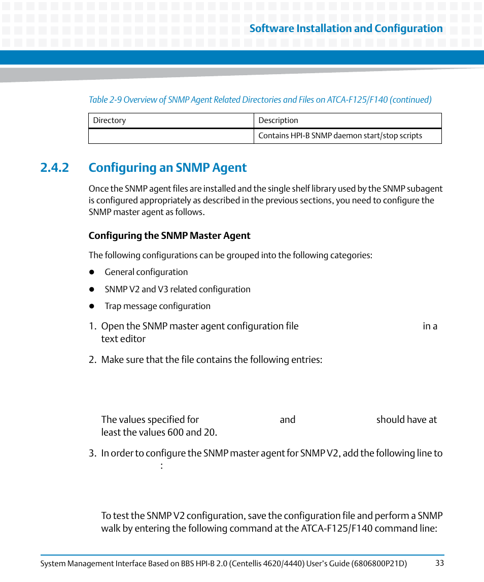 2 configuring an snmp agent, Configuring an snmp agent, Software installation and configuration | Artesyn System Management Interface Based on HPI-B 2.0(Centellis 4620/4440) User's Guide (June 2014) User Manual | Page 33 / 94