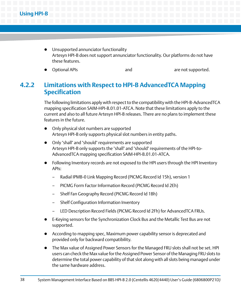 Limitations with respect to hpi-b, Advancedtca mapping specification, Using hpi-b | Artesyn System Management Interface Based on HPI-B 2.0(Centellis 4620/4440) User's Guide (June 2014) User Manual | Page 38 / 94