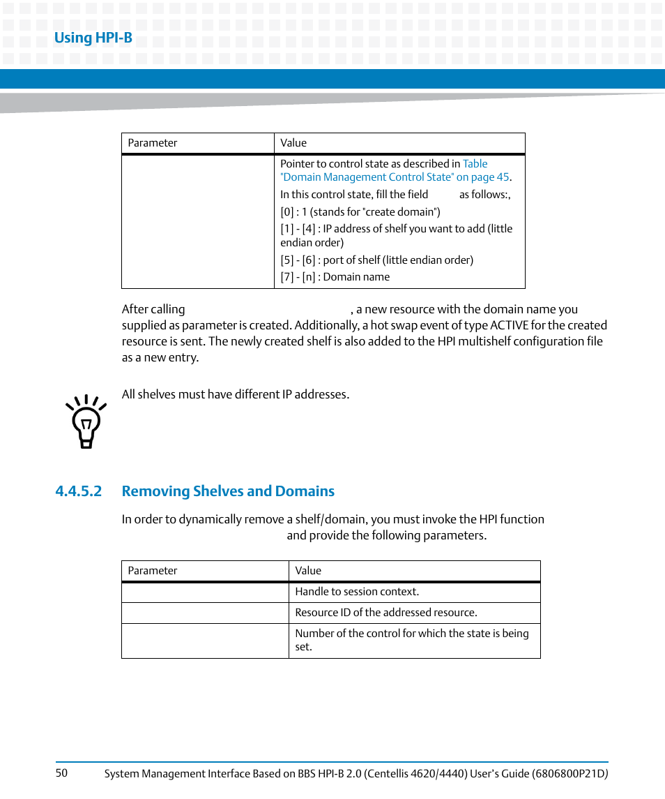 2 removing shelves and domains, Using hpi-b | Artesyn System Management Interface Based on HPI-B 2.0(Centellis 4620/4440) User's Guide (June 2014) User Manual | Page 50 / 94