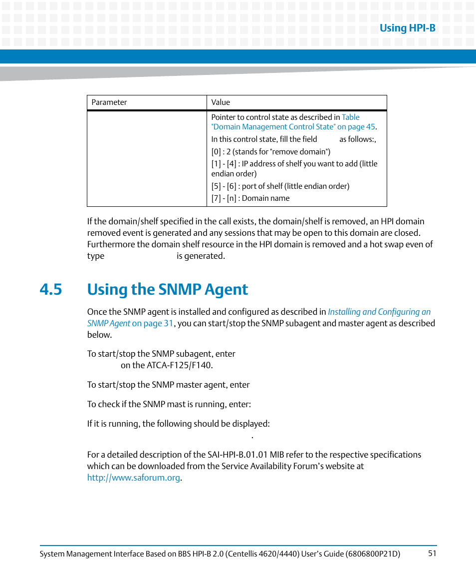 5 using the snmp agent, Using hpi-b | Artesyn System Management Interface Based on HPI-B 2.0(Centellis 4620/4440) User's Guide (June 2014) User Manual | Page 51 / 94