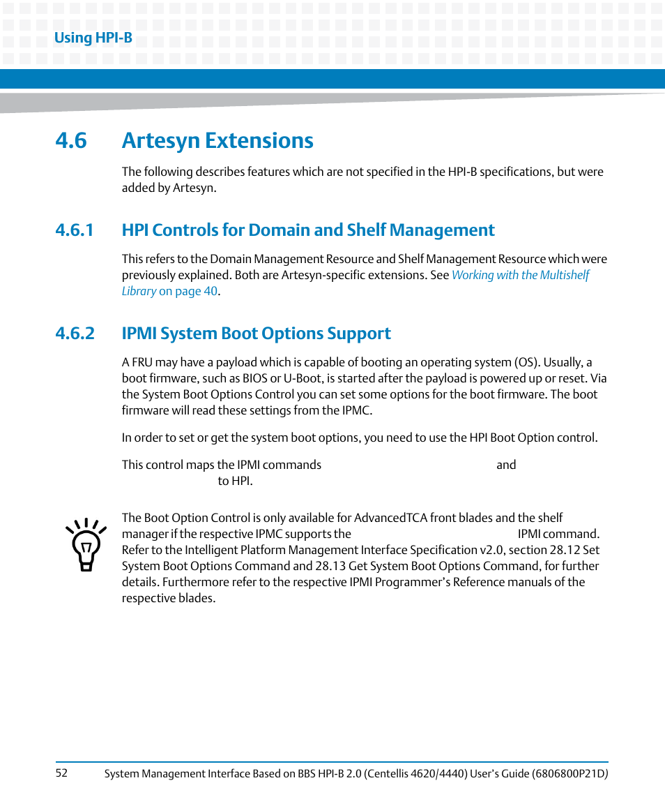 6 artesyn extensions, 1 hpi controls for domain and shelf management, 2 ipmi system boot options support | Artesyn System Management Interface Based on HPI-B 2.0(Centellis 4620/4440) User's Guide (June 2014) User Manual | Page 52 / 94
