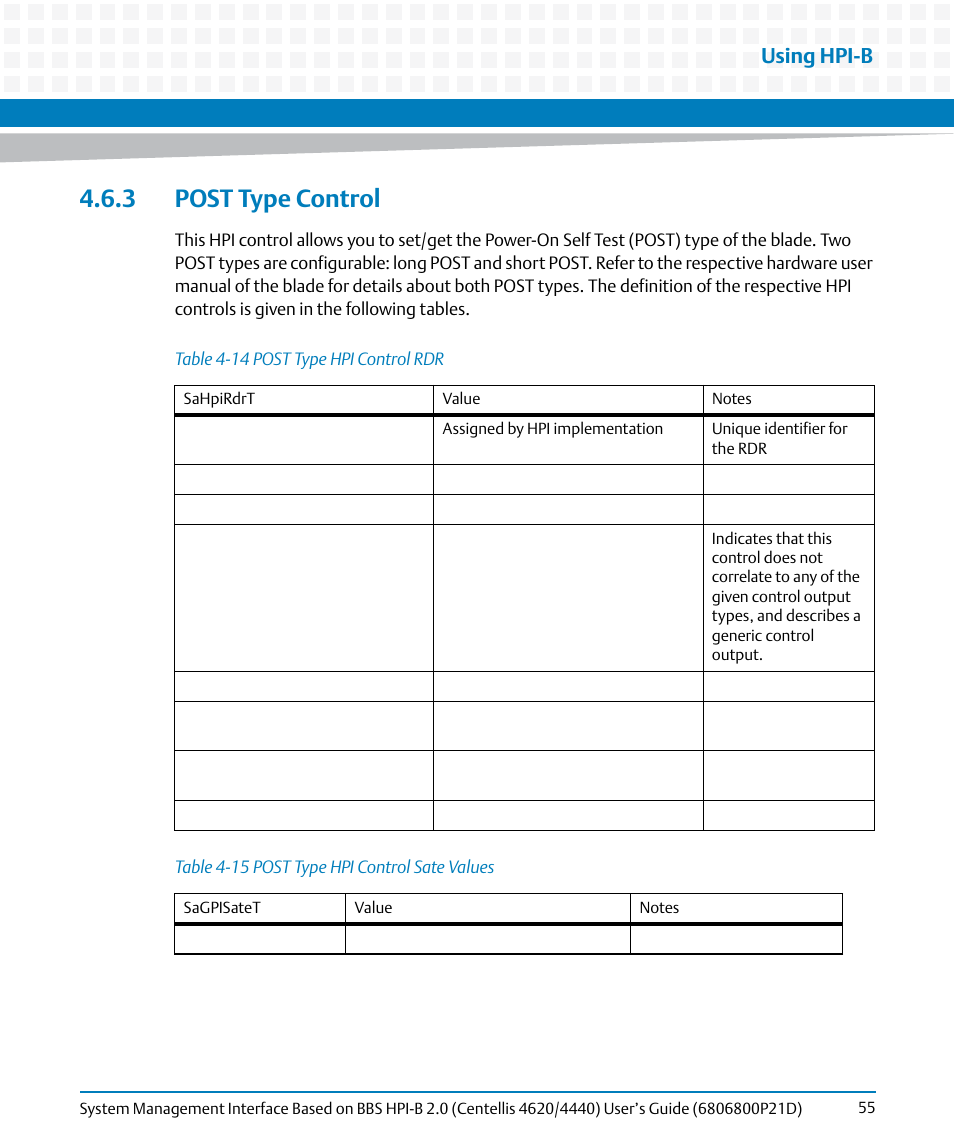 3 post type control, Table 4-14, Post type hpi control rdr | Table 4-15, Post type hpi control sate values, Using hpi-b | Artesyn System Management Interface Based on HPI-B 2.0(Centellis 4620/4440) User's Guide (June 2014) User Manual | Page 55 / 94