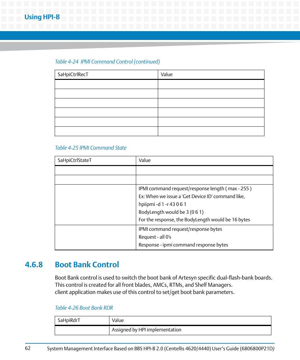 8 boot bank control, Table 4-25, Ipmi command state | Table 4-26, Boot bank rdr, Using hpi-b | Artesyn System Management Interface Based on HPI-B 2.0(Centellis 4620/4440) User's Guide (June 2014) User Manual | Page 62 / 94