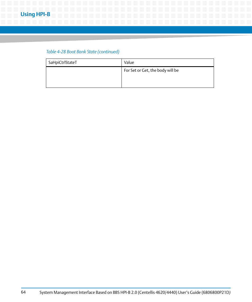 Using hpi-b | Artesyn System Management Interface Based on HPI-B 2.0(Centellis 4620/4440) User's Guide (June 2014) User Manual | Page 64 / 94
