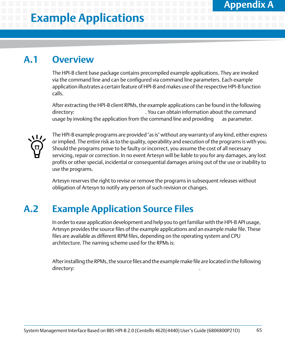 A example applications, A.1 overview, A.2 example application source files | A.1 overview a.2 example application source files, Appendix a, example, Example applications, Appendix a | Artesyn System Management Interface Based on HPI-B 2.0(Centellis 4620/4440) User's Guide (June 2014) User Manual | Page 65 / 94