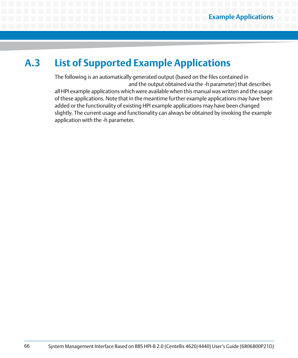 A.3 list of supported example applications, Example applications | Artesyn System Management Interface Based on HPI-B 2.0(Centellis 4620/4440) User's Guide (June 2014) User Manual | Page 66 / 94