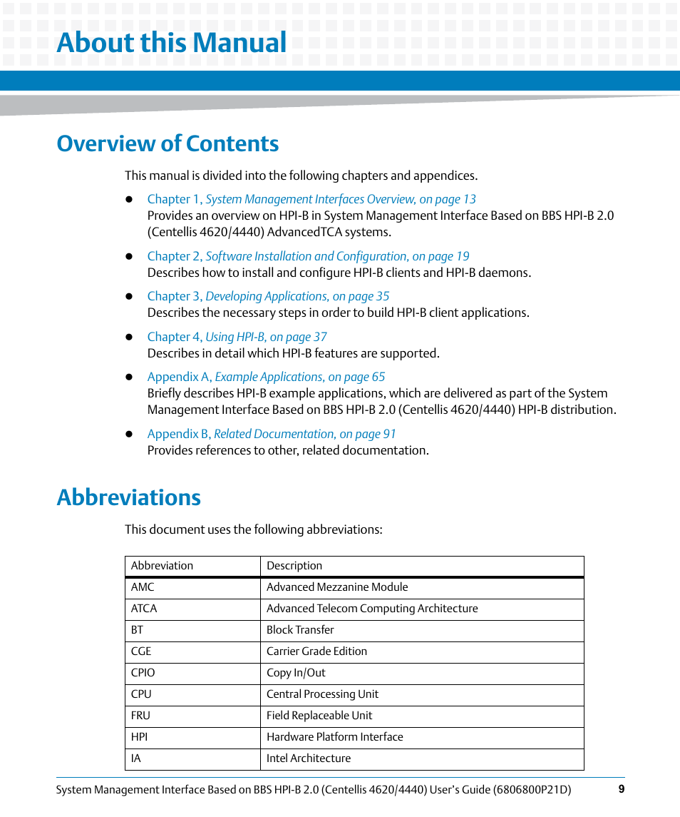 About this manual, Overview of contents, Abbreviations | Artesyn System Management Interface Based on HPI-B 2.0(Centellis 4620/4440) User's Guide (June 2014) User Manual | Page 9 / 94