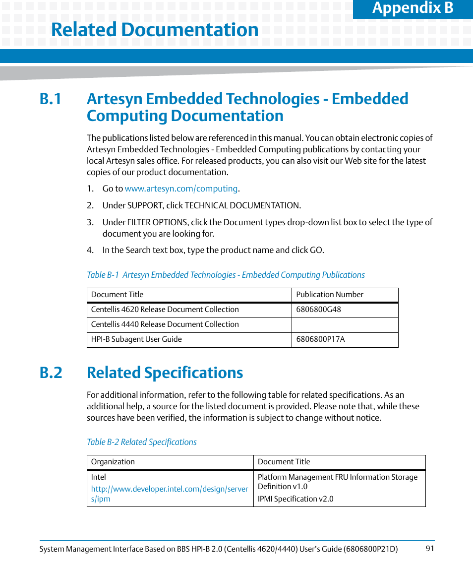 B related documentation, B.2 related specifications, Related documentation | Table b-1, Table b-2, Related specifications, Appendix b | Artesyn System Management Interface Based on HPI-B 2.0(Centellis 4620/4440) User's Guide (June 2014) User Manual | Page 91 / 94