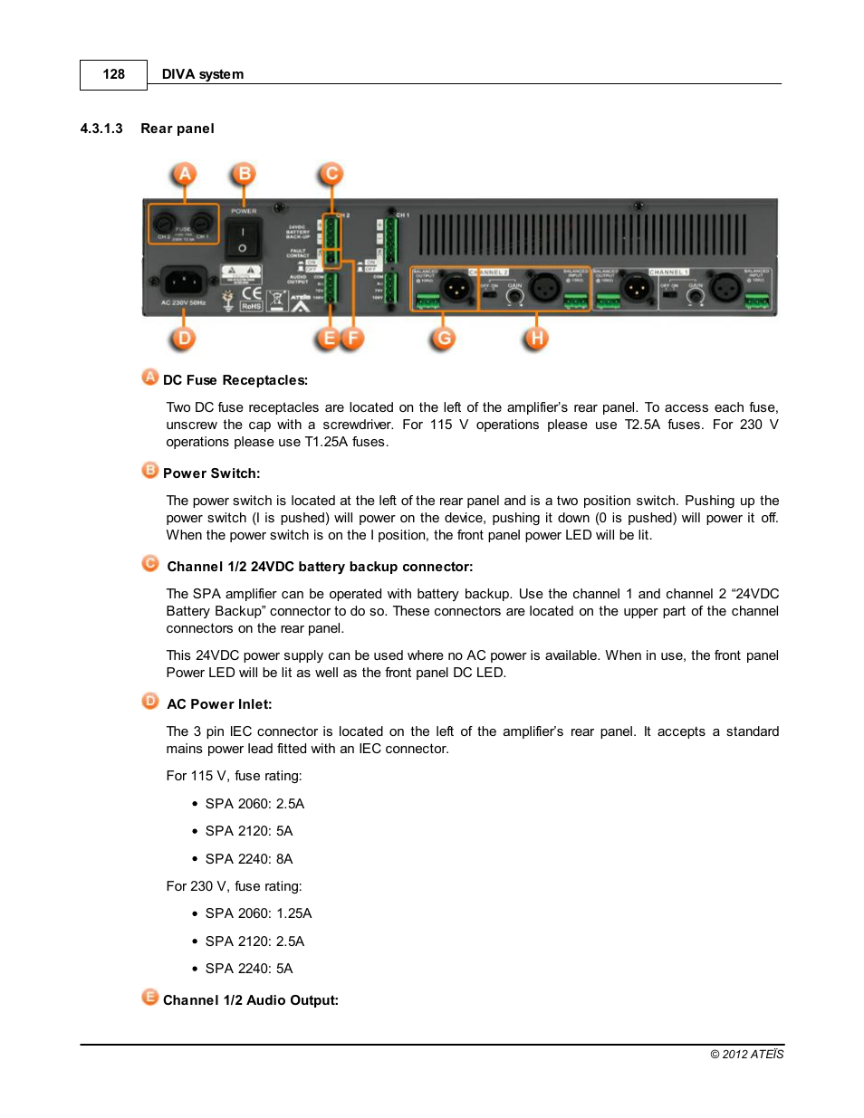Rear panel | ATEIS DIVA8G2 User Manual | Page 128 / 277