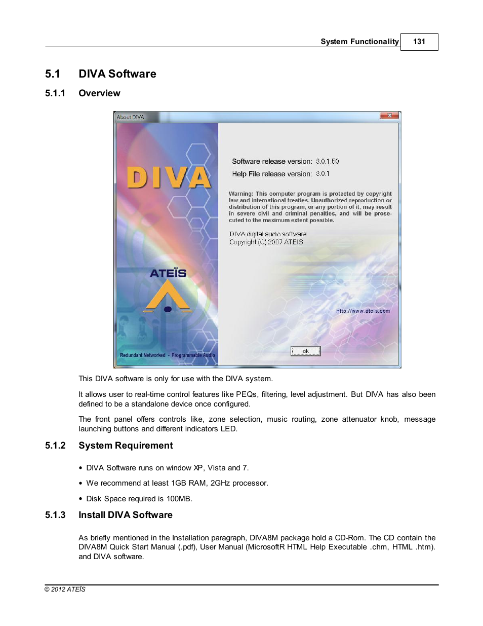 Diva software, Overview, System requirement | Install diva software, 1 diva software | ATEIS DIVA8G2 User Manual | Page 131 / 277