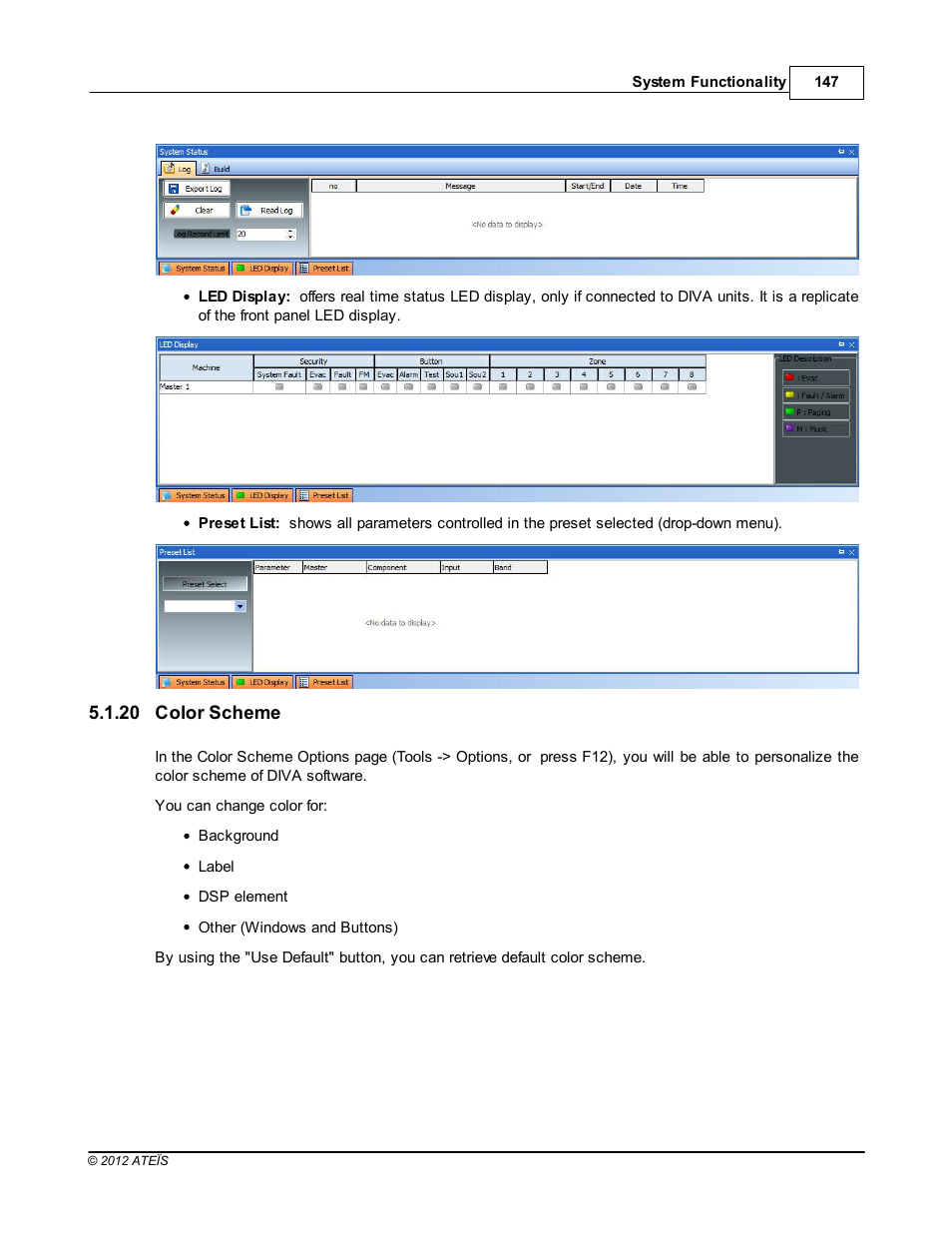 Color scheme, Software color scheme | ATEIS DIVA8G2 User Manual | Page 147 / 277