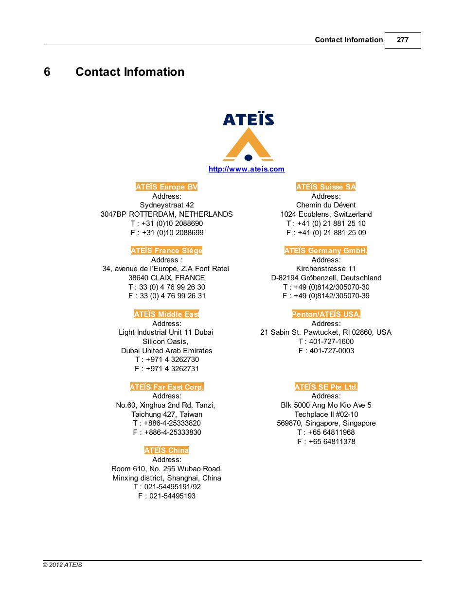 Contact infomation, 6contact infomation | ATEIS DIVA8G2 User Manual | Page 277 / 277
