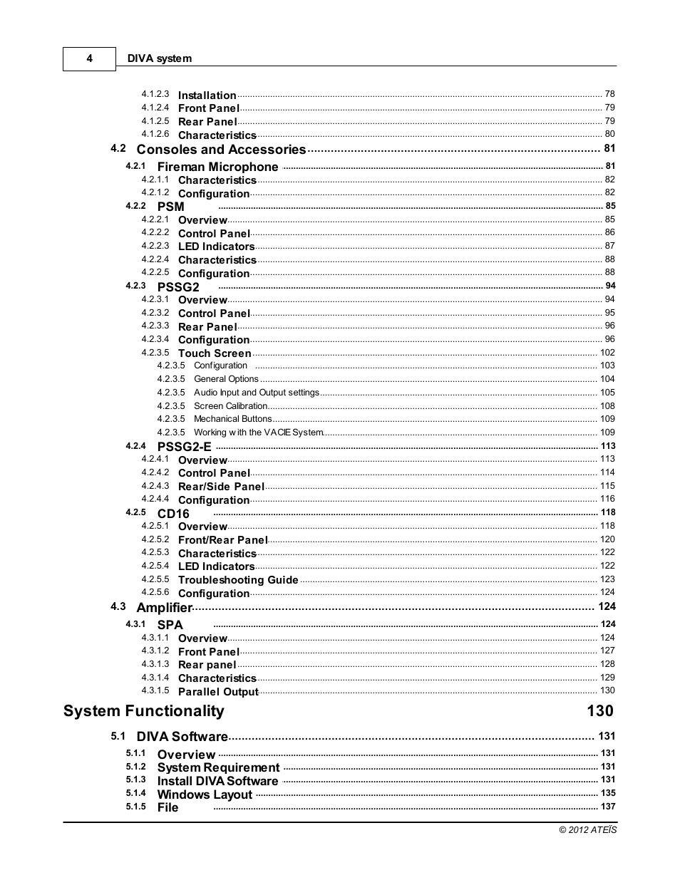 System functionality 130, Consoles and accessories, Amplifier | Diva software, Fireman microphone, Pssg2, Pssg2-e, Cd16, Overview, System requirement | ATEIS DIVA8G2 User Manual | Page 4 / 277