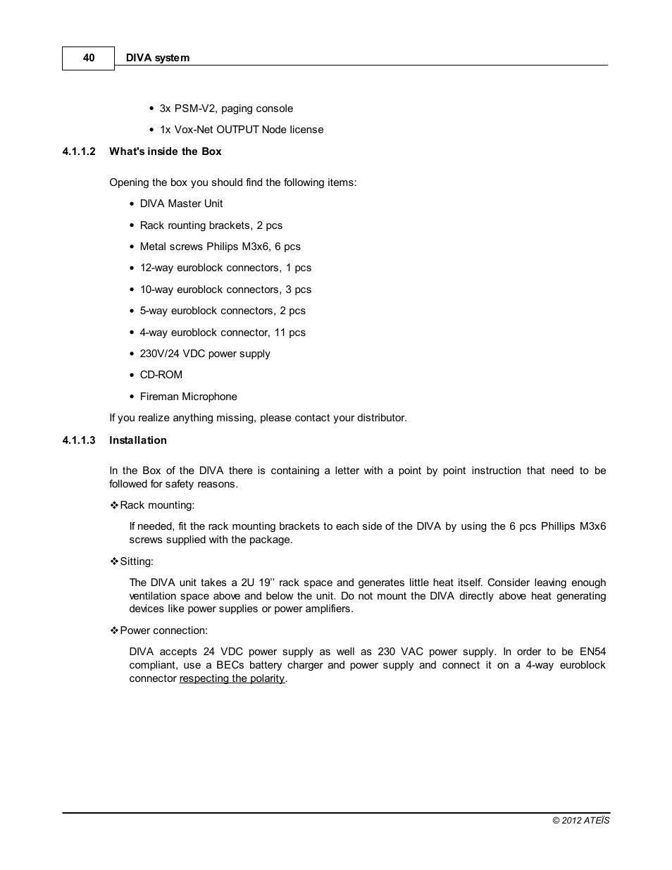 What's inside the box, Installation | ATEIS DIVA8G2 User Manual | Page 40 / 277