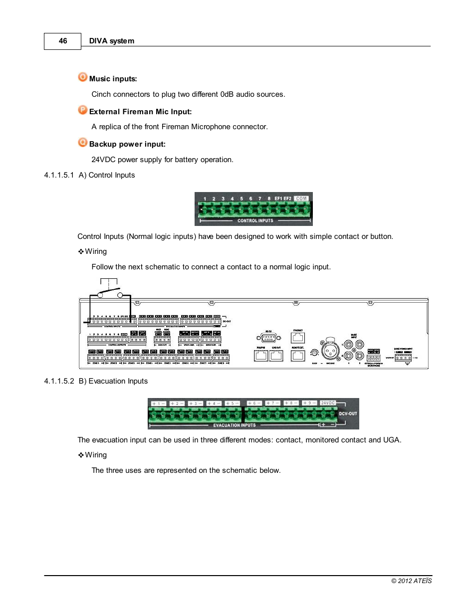 A) control inputs, B) evacuation inputs | ATEIS DIVA8G2 User Manual | Page 46 / 277