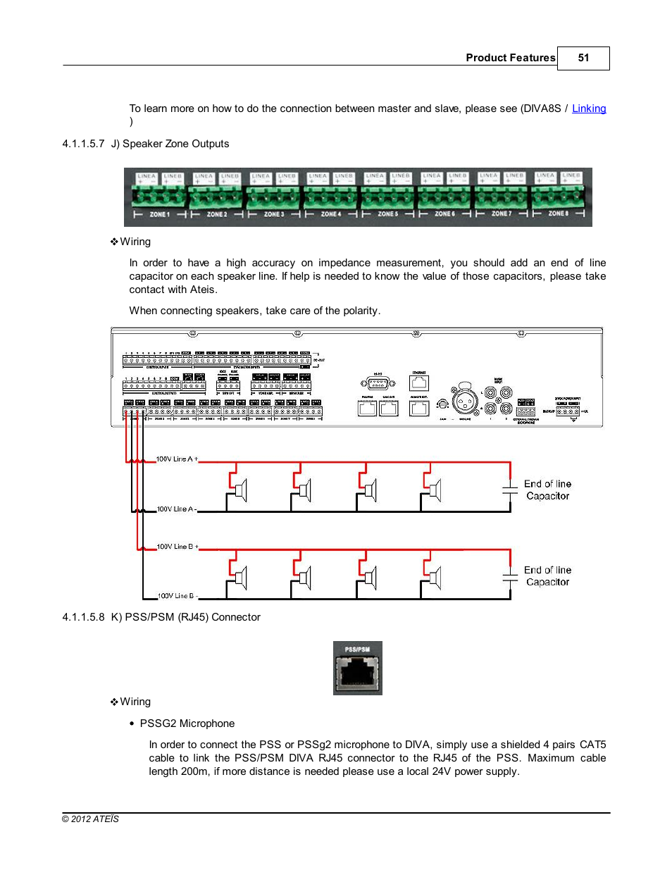 J) speaker zone outputs, K) pss/psm (rj45) connector | ATEIS DIVA8G2 User Manual | Page 51 / 277