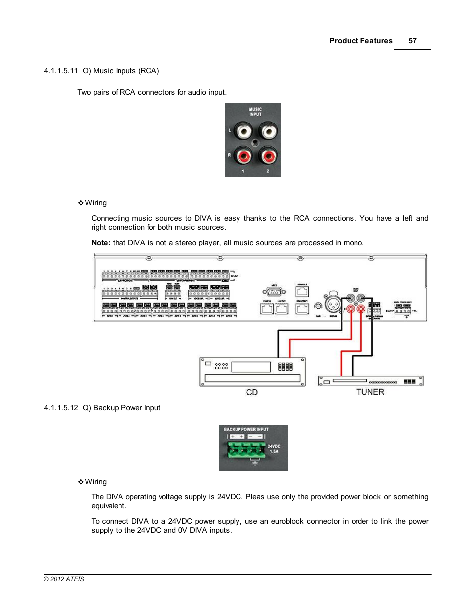 O) music inputs (rca), Q) backup power input, Q) backup pow er input | ATEIS DIVA8G2 User Manual | Page 57 / 277