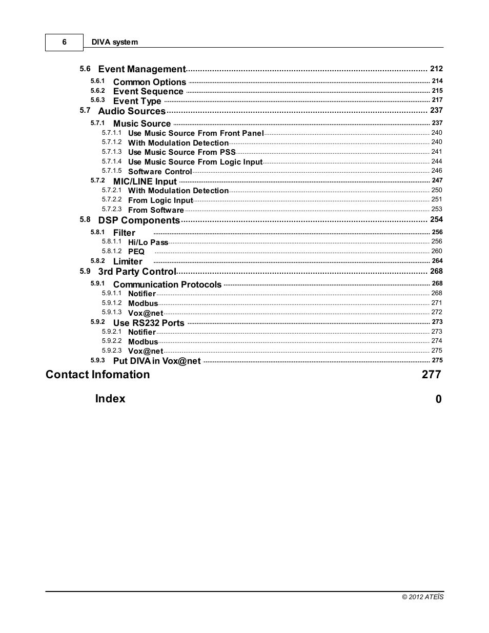 Contact infomation 277 index 0, Event management, Audio sources | Dsp components, 3rd party control | ATEIS DIVA8G2 User Manual | Page 6 / 277