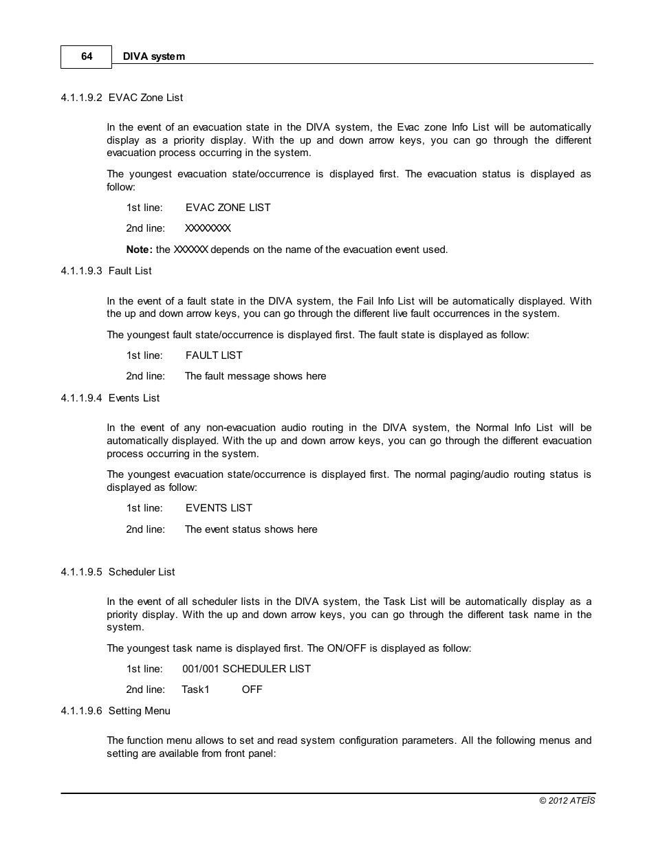 Evac zone list, Fault list, Events list | Scheduler list, Setting menu | ATEIS DIVA8G2 User Manual | Page 64 / 277