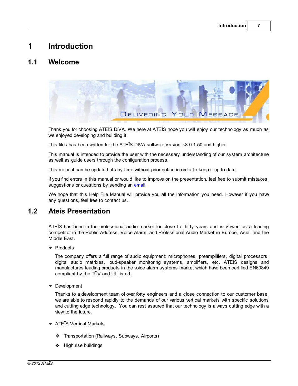 Introduction, Welcome, Ateis presentation | 1introduction, 1 welcome, 2 ateis presentation | ATEIS DIVA8G2 User Manual | Page 7 / 277