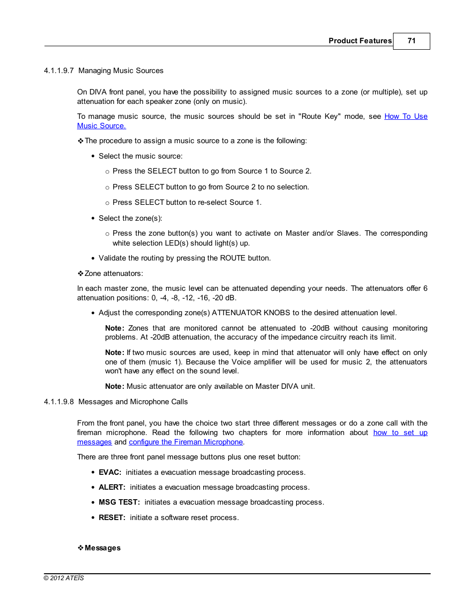 Managing music sources, Messages and microphone calls | ATEIS DIVA8G2 User Manual | Page 71 / 277