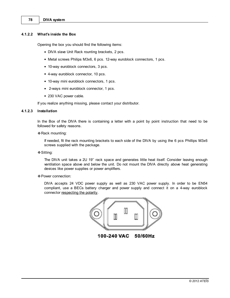 What's inside the box, Installation | ATEIS DIVA8G2 User Manual | Page 78 / 277