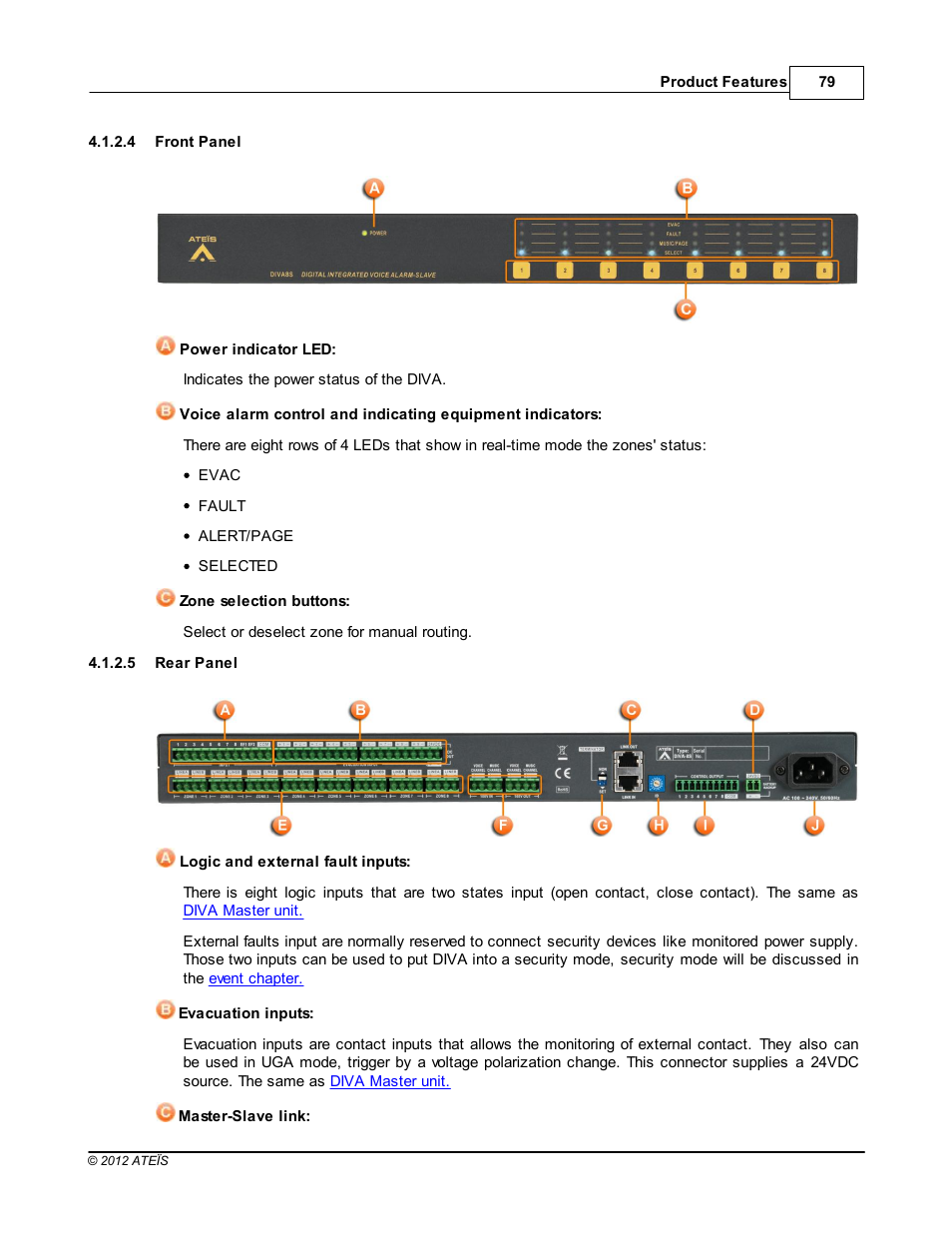 Front panel, Rear panel | ATEIS DIVA8G2 User Manual | Page 79 / 277