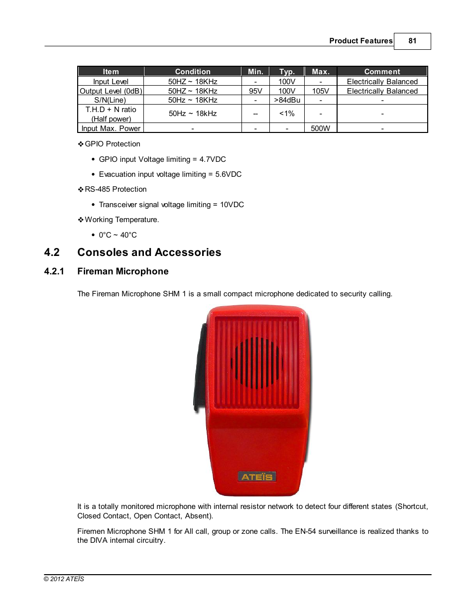 Consoles and accessories, Fireman microphone, 2 consoles and accessories | ATEIS DIVA8G2 User Manual | Page 81 / 277