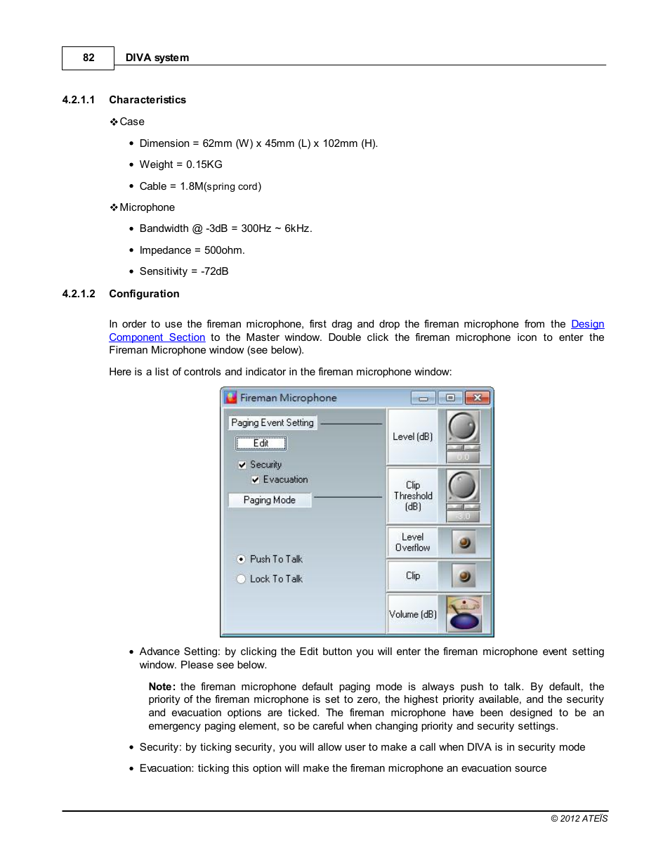 Characteristics, Configuration, Configure the fireman microphone | ATEIS DIVA8G2 User Manual | Page 82 / 277