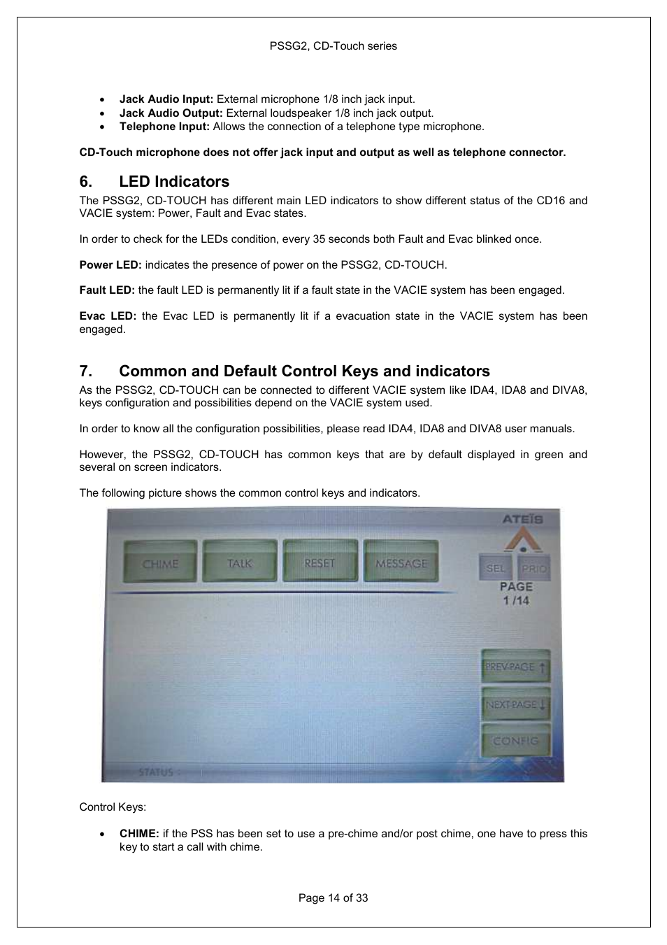 Led indicators, Common and default control keys and indicators | ATEIS PSS-G2-xx User Manual | Page 14 / 33