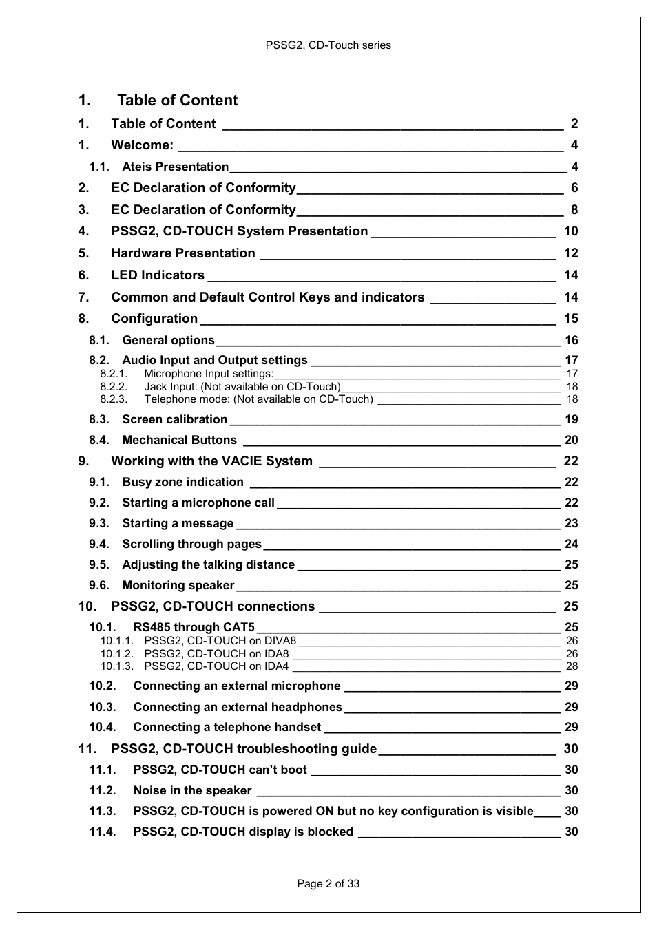 Table of content | ATEIS PSS-G2-xx User Manual | Page 2 / 33