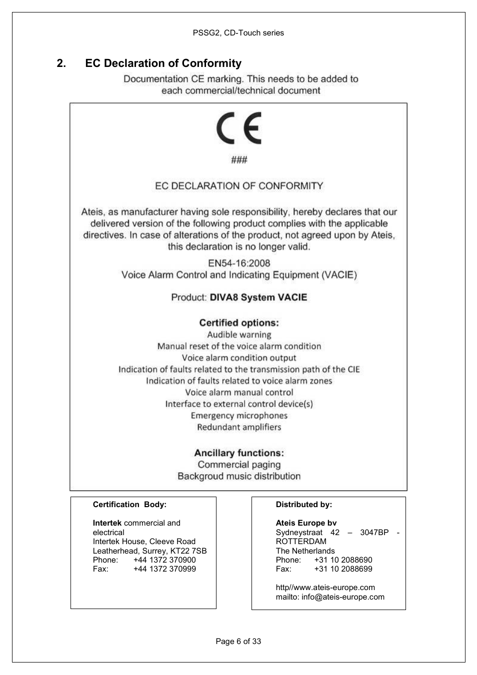 Ec declaration of conformity | ATEIS PSS-G2-xx User Manual | Page 6 / 33