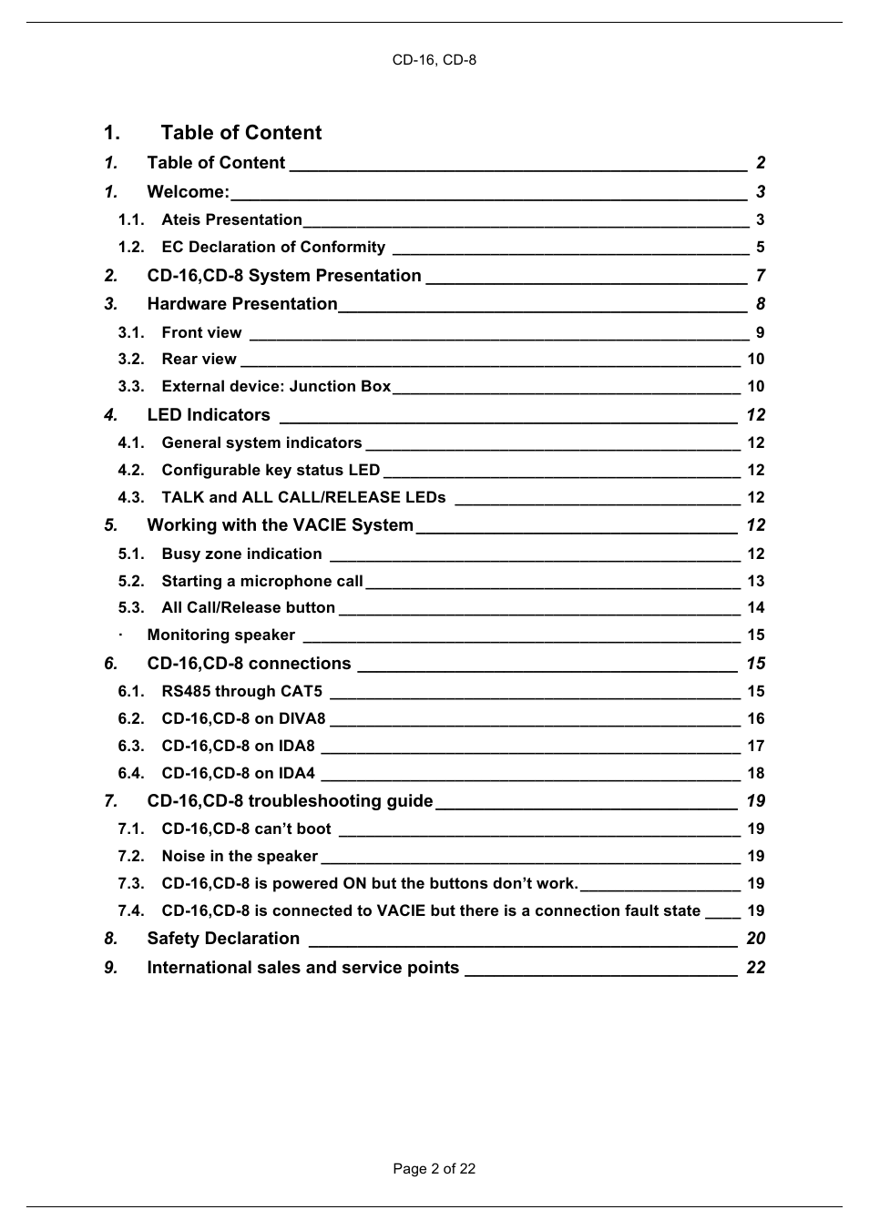 Table of content | ATEIS CD16 User Manual | Page 2 / 22