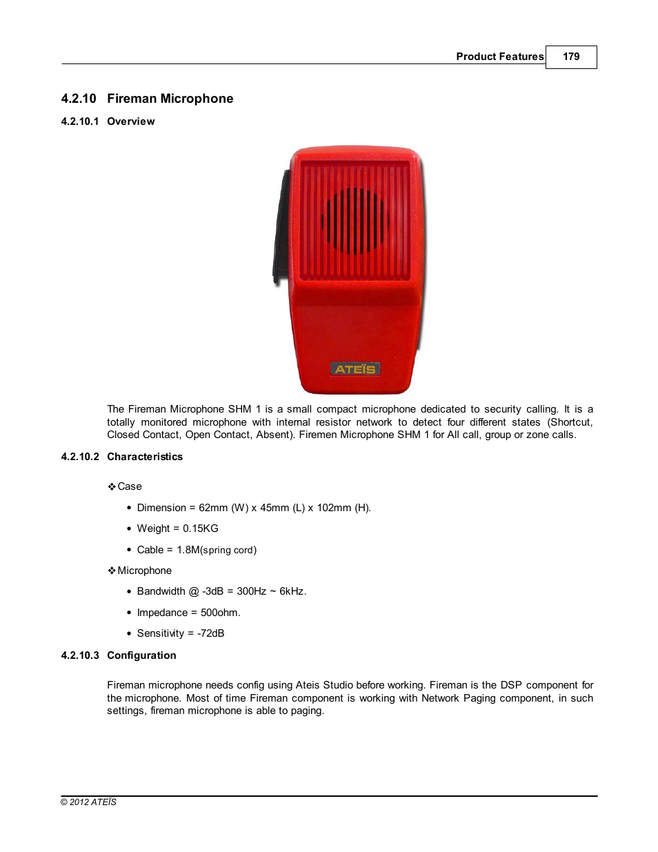 Fireman microphone, Overview, Characteristics | Configuration | ATEIS IDA8C User Manual | Page 179 / 446