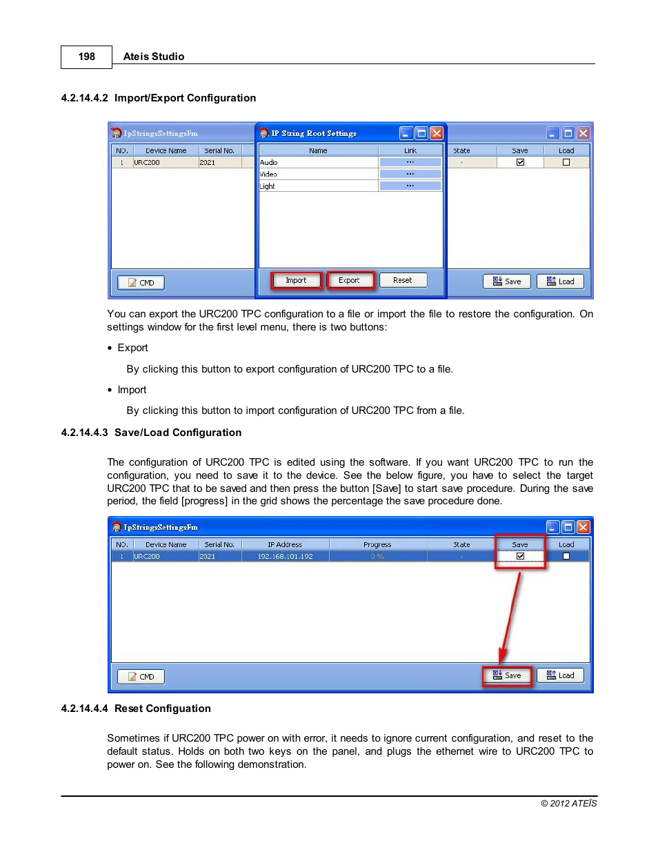 Import/export configuration, Save/load configuration, Reset configuation | ATEIS IDA8C User Manual | Page 198 / 446