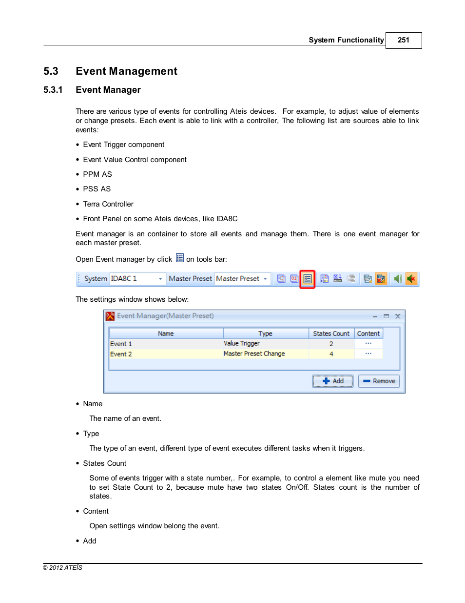 Event management, Event manager, 3 event management | ATEIS IDA8C User Manual | Page 251 / 446