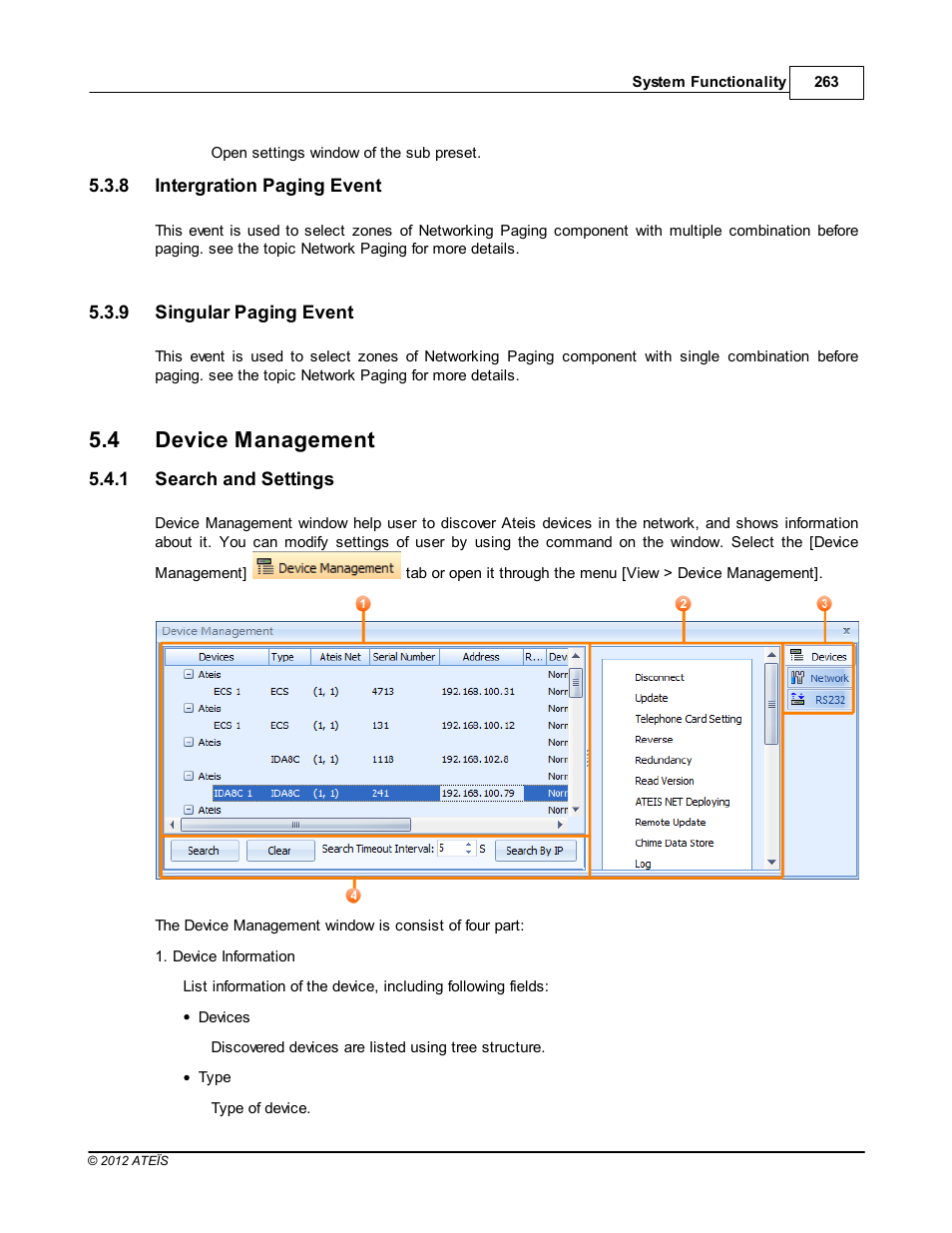 Intergration paging event, Singular paging event, Device management | Search and settings, 4 device management | ATEIS IDA8C User Manual | Page 263 / 446